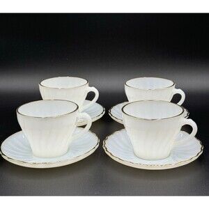 Vintage Fire King White Swirl Gold Trim  Coffee Cups and Saucers Set of 4 Winter